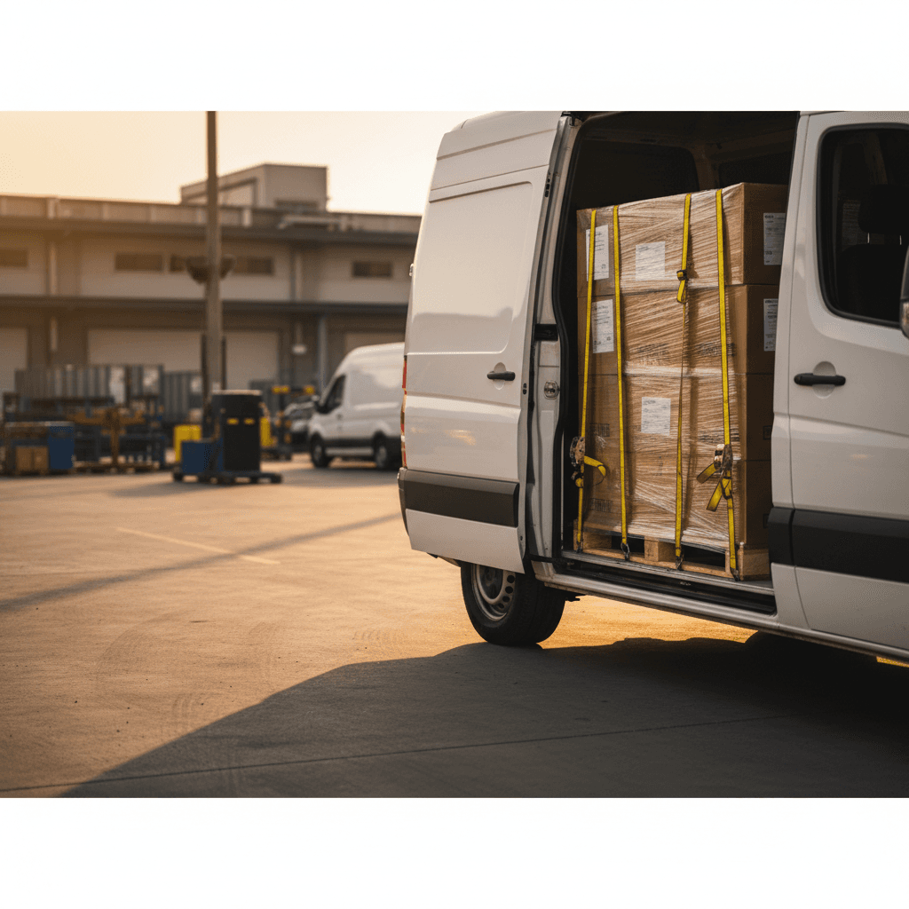 Loaded cargo van with palletized commercial freight ready for expedited delivery