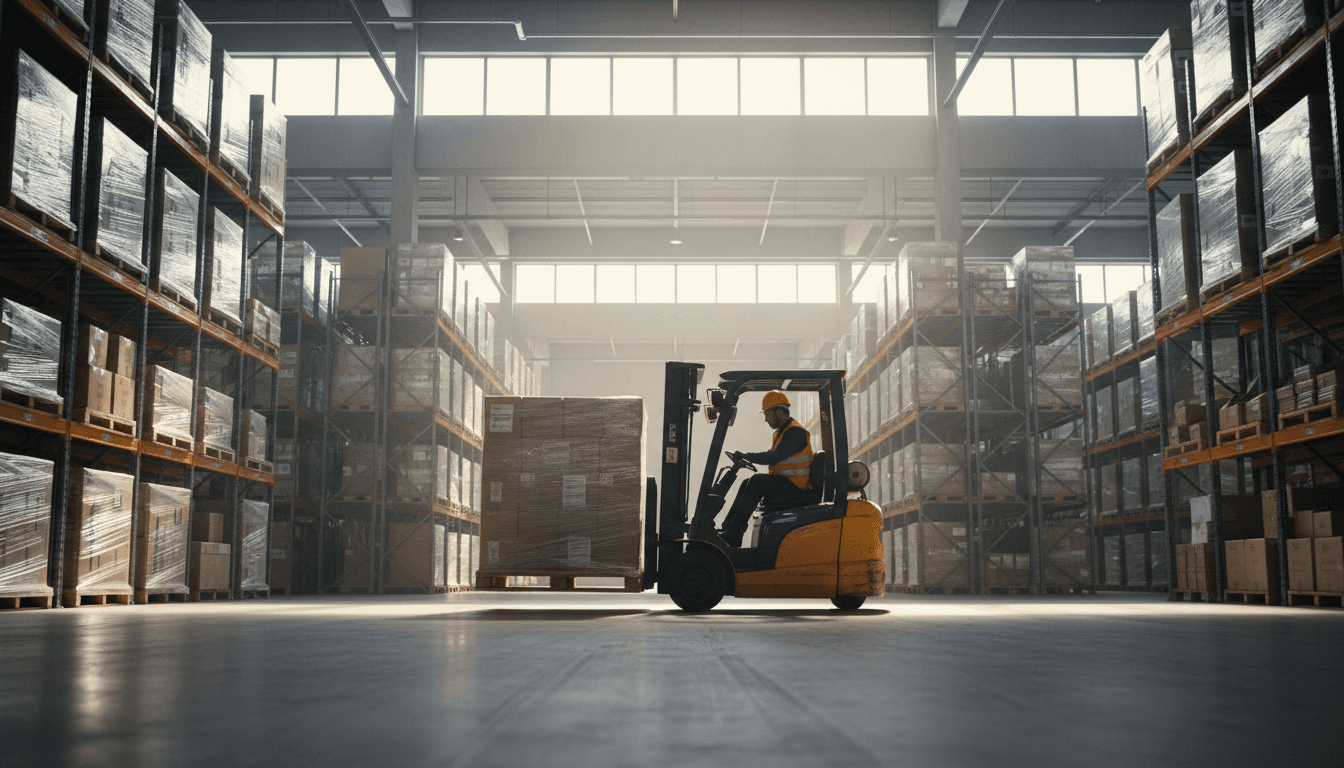 Forklift operator loading palletized freight into cargo van with precision and care