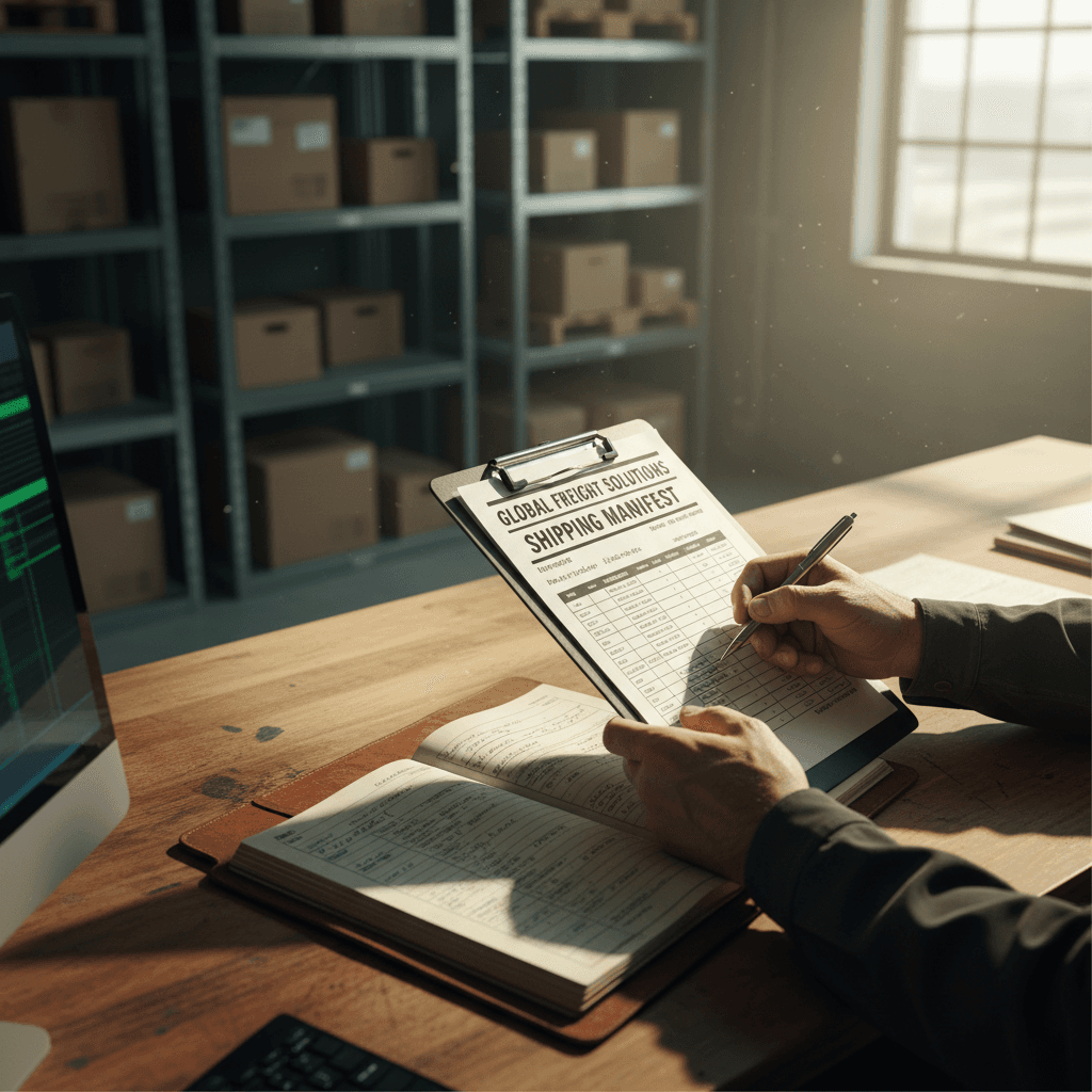 Logistics coordinator managing freight tracking and shipping documentation in warehouse office