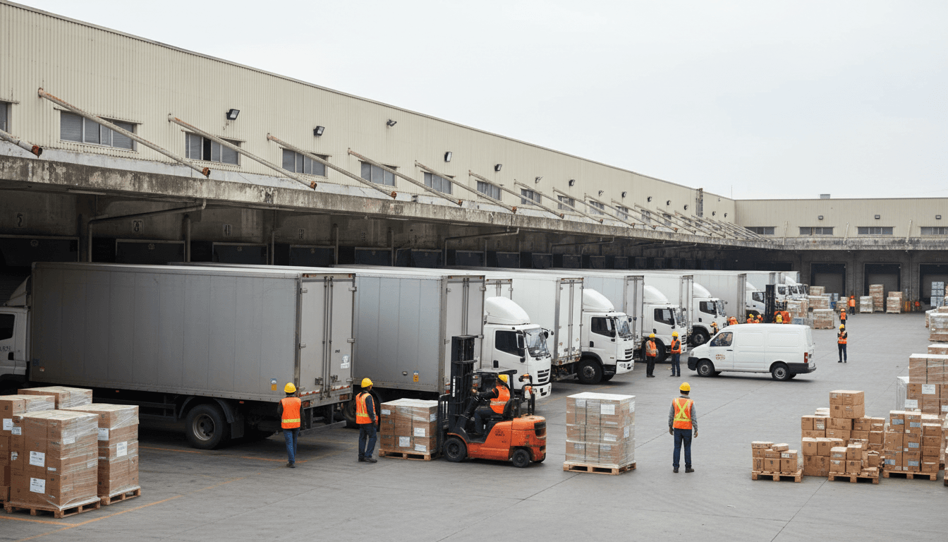 Logistics professional loading palletized freight into cargo van at warehouse facility