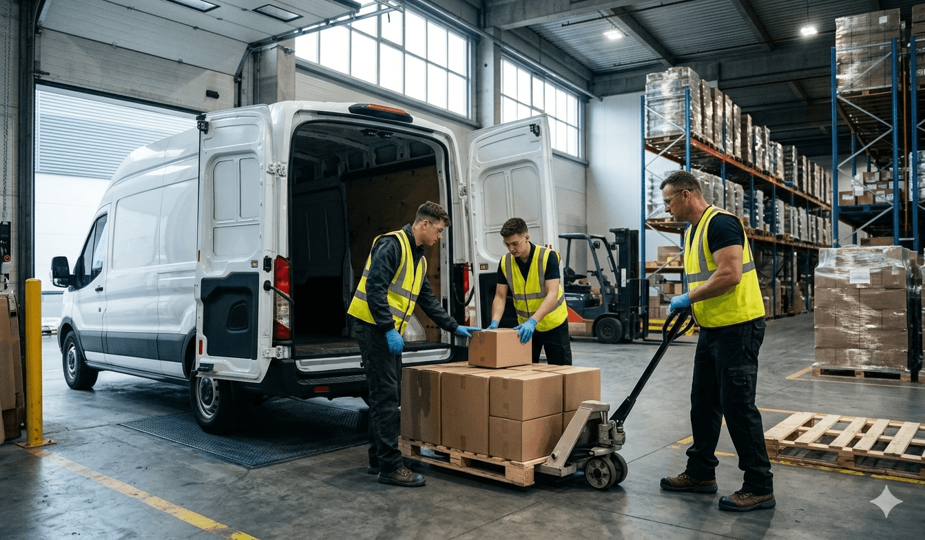 Three warehouse workers loading cardboard boxes from a pallet into a white delivery van.